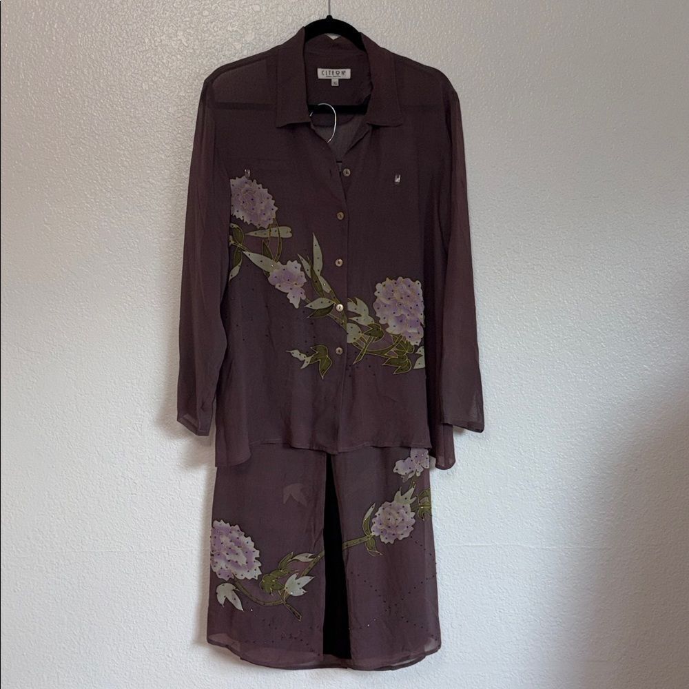 CITRON Purple Floral silk wedding guest Two-Piece skirt Set plus size